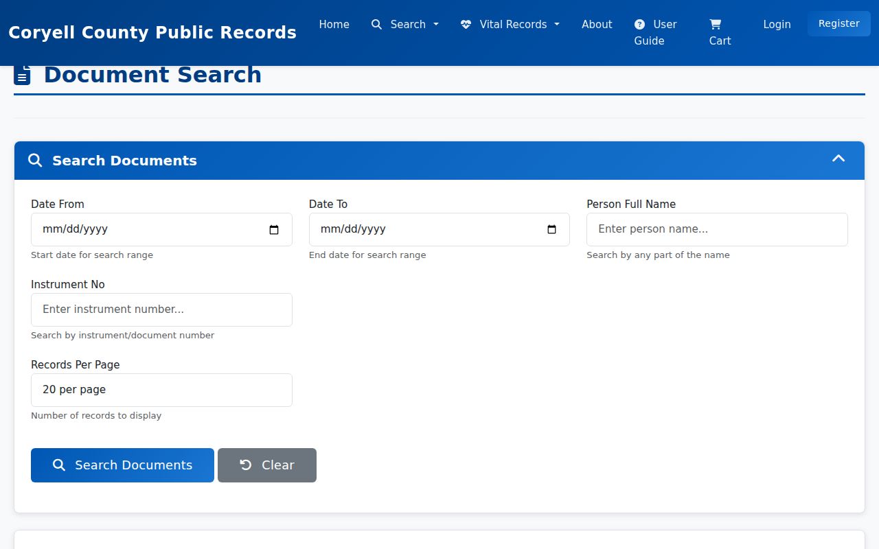 Fort Cavazos street directory Coryell deed index search interface